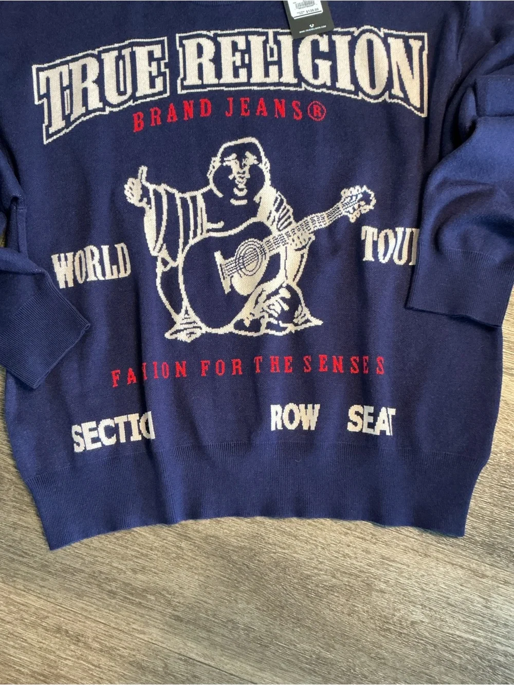 True Religion Navy Crewneck Sweater with White and Red Graphic